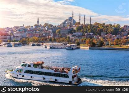 Ships in the Bosphorus, Eminonu pier and the Suleymaniye Mosque, Istanbul.