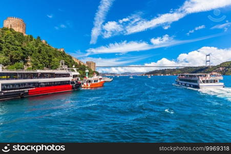 Ships in the Bosphorus near the Rumeli Hisari castle, Istanbul.