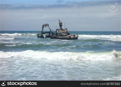 Shipwreck on Skeleton Coast, Atlantic ocean in Namibia