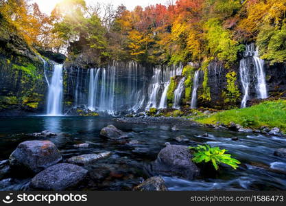 Shiraito waterfall in autumn, Japan.