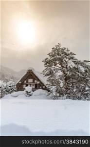 Shirakawago with Snowfall and winter Sun, Gifu Chubu Japan