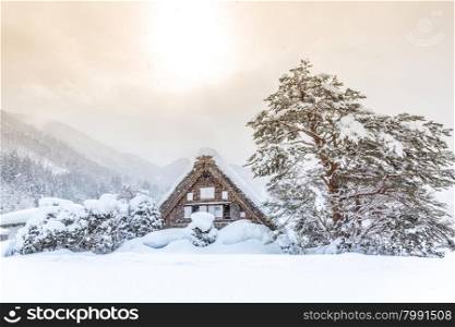 Shirakawago with Snowfall and winter Sun, Gifu Chubu Japan
