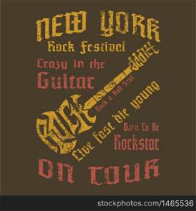 shirt concept design of create text to be guitar shape,vintage and grunge style,vector illustration