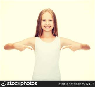 shirt design concept - smiling teenage girl in blank white shirt