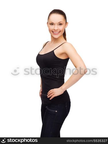 shirt design concept - smiling woman in blank black shirt