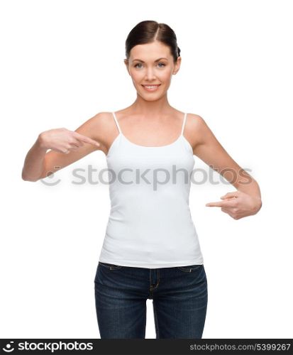 shirt design concept - smiling woman in blank white shirt
