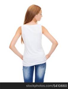 shirt design concept - teenage girl in blank white shirt from the back
