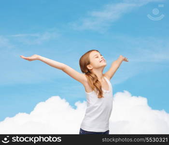 shirt design, happiness, freedom, future concept - smiling teenage girl in blank white shirt with raised hands and closed eyes