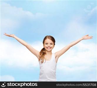 shirt design, happiness, freedom, future concept - smiling teenage girl in blank white shirt with raised hands