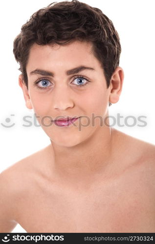 Shirtless young boy smiling over white background