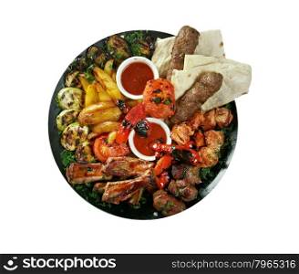 shish kebab mix. Various types mat roasted with vegetable closeup