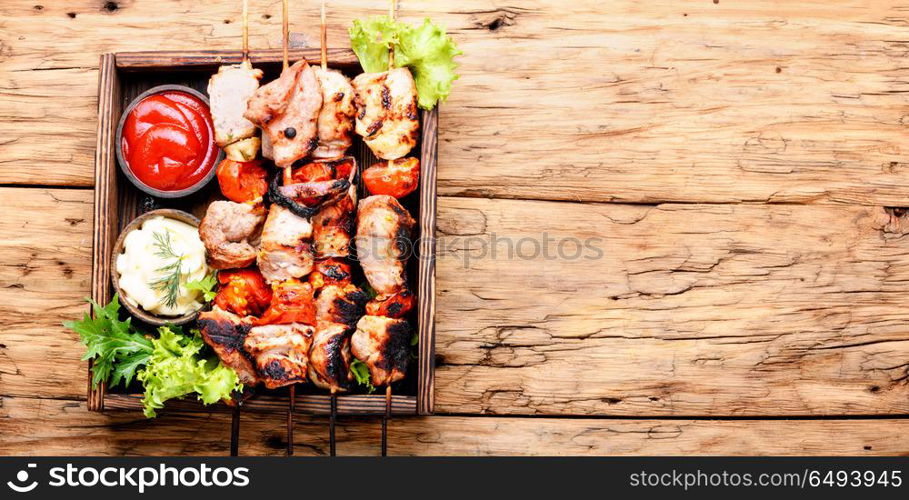 Shish kebab of pork. Grilled shish kebab or shashlik on skewers.Eastern food.BBQ