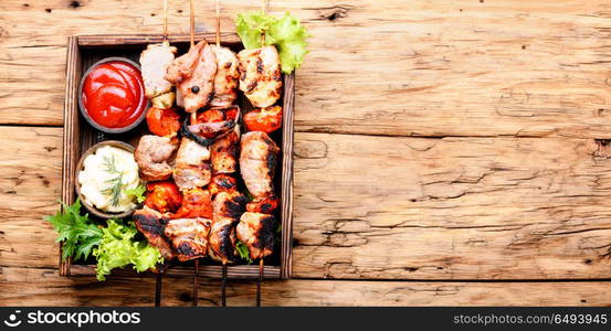 Shish kebab of pork. Grilled shish kebab or shashlik on skewers.Eastern food.BBQ