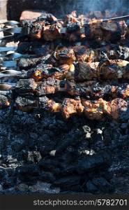 shish kebab on the extinct fuming fire.Selective focus. shish kebab on the extinct fuming fire