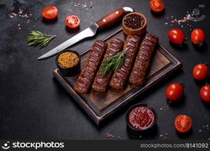 Shish kebab with vegetables on black concrete background. Grilled kebab with spices and herbs on a dark concrete background