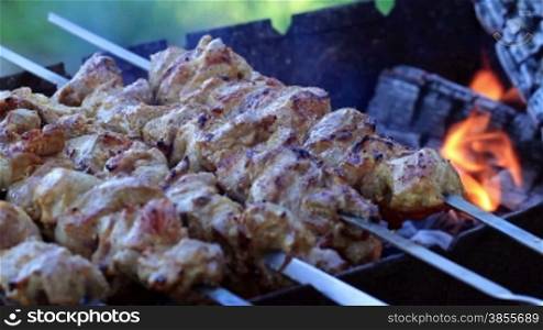 Shish Kebabs On Skewers. Kebab On The Grill With Smoke.