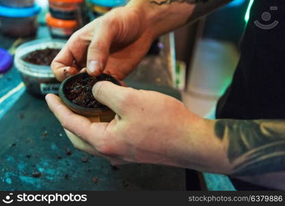 Shisha hookah preparing by barman.. Shisha hookah preparing by barman. Bartender lays tobacco for smoking in hookah