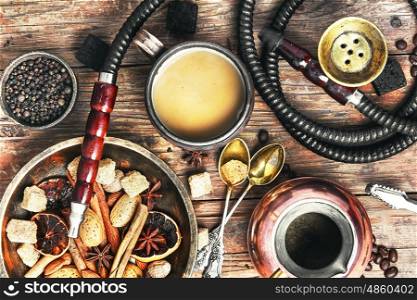 Shisha with coffee and spices. aroma Arab hookah with coffee in vintage style