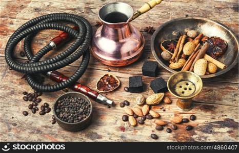 Shisha with coffee and spices. aroma arab hookah with coffee in vintage style