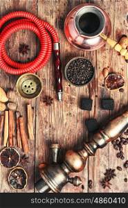 Shisha with coffee and spices. aroma arab hookah with coffee in vintage style