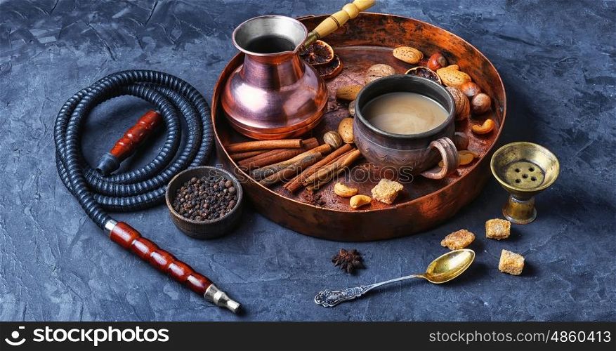 Shisha with coffee and spices. aroma Arab hookah with coffee in vintage style