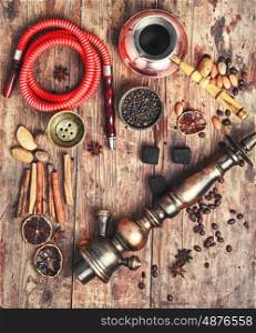Shisha with coffee. aroma oriental hookah with coffee in vintage style