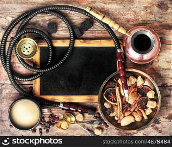 Shisha with coffee. aroma oriental hookah with coffee in vintage style.Copy space