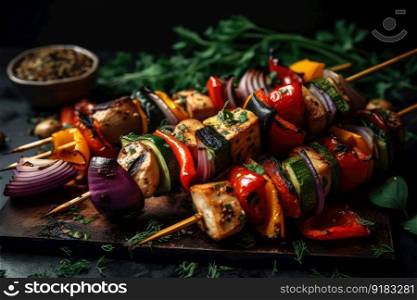 shishkabob skewered with grilled vegetables and herbs, created with generative ai. shishkabob skewered with grilled vegetables and herbs