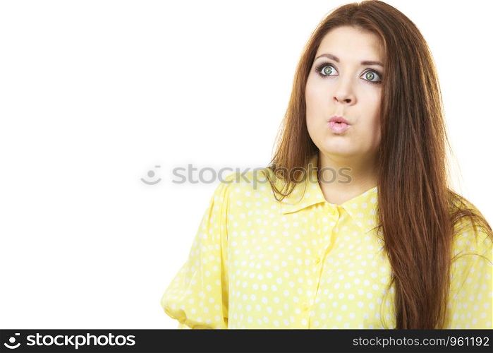 Shock face expressions concept. Shocked amazed woman seeing something surprising having doubts.. Shocked amazed woman