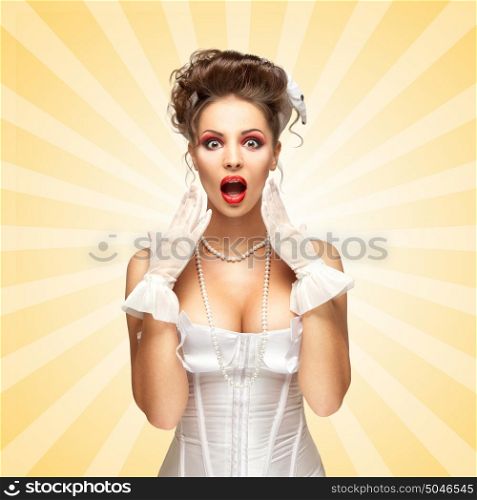 Shocked and surprised pinup bride in a vintage wedding corset showing strong emotions on colorful abstract cartoon style background.