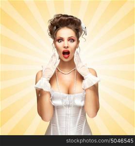 Shocked and surprised pinup bride in a vintage wedding corset showing strong emotions on colorful abstract cartoon style background.