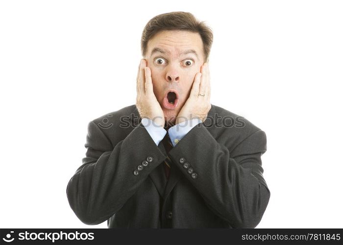 Shocked businessman isolated on a white background.