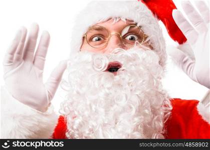 Shocked Santa close up portrait, isolated on white