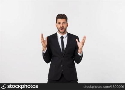 Shocked surprised businessman looking at camera with big eyes. isolated on white, looking at camera.. Shocked surprised businessman looking at camera with big eyes. isolated on white, looking at camera