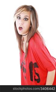 Shocked trendy teenage girl posing mouth open