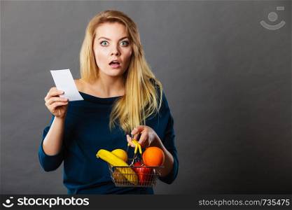 Shocked woman holding shopping basket with fruits looking at bill receipt being scared of huge prices. Shocked woman holding shopping basket with fruits