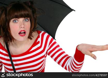 Shocked woman under an umbrella