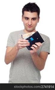 shocked young man looking at his wallet with money and cards (isolated on white background)