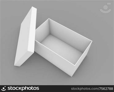 Shoe box on a gray background. 3d render illustration.. Shoe box on a gray background.