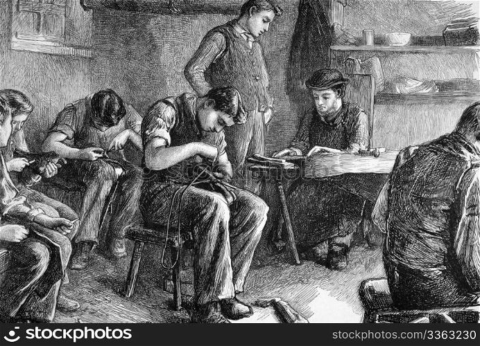 Shoemaking at the philanthropic society&rsquo;s farm school at redhill on engraving from 1872 published in the Graphic.