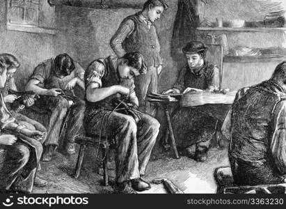 Shoemaking at the philanthropic society&rsquo;s farm school at redhill on engraving from 1872 published in the Graphic.