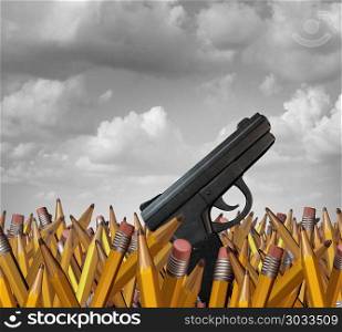 Shooting at schools concept as a group of pencils with a gun as a school hardening violence symbol and tragic and horrific gunfire icon as a 3D illustration.. Shooting At School