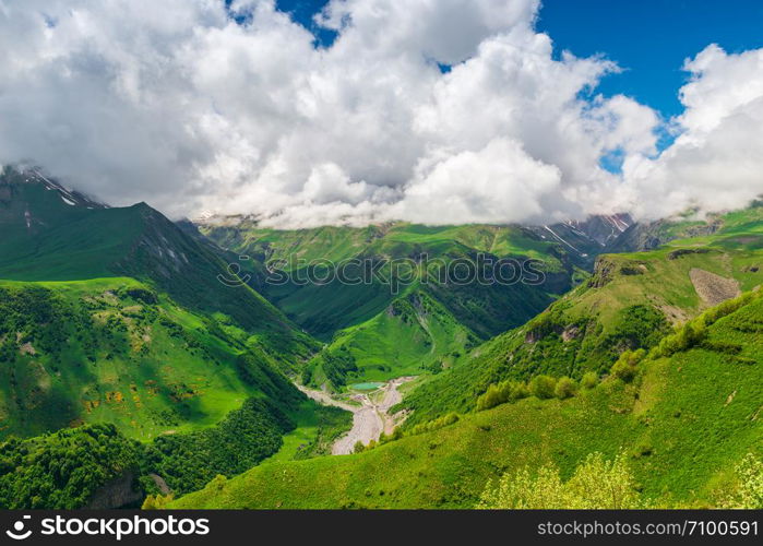 Shooting from a quadrocopter a magnificent scenic landscape of the Caucasus, Georgia