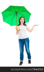 shooting girl with a green umbrella on a white background