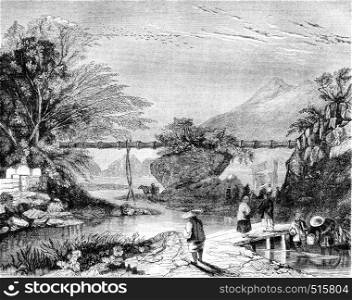 Shooting in the main valley of Hong Kong, Aqueduct bamboo, vintage engraved illustration. Magasin Pittoresque 1844.