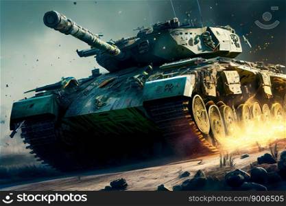 Shooting tank in war environment.  Military Tank on Battlefield.  Generative AI
