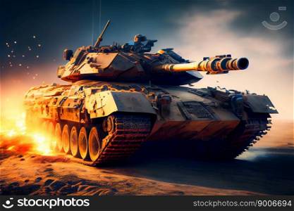 Shooting tank in war environment.  Military Tank on Battlefield.  Generative AI 