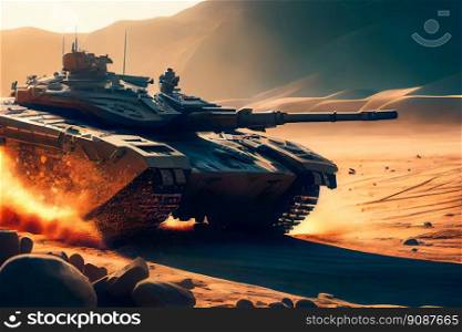 Shooting tank in war environment.  Military Tank on Battlefield.  Generative AI
