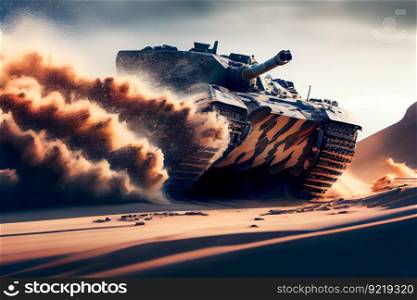 Shooting tank in war environment.  Military Tank on Battlefield.  Generative AI 