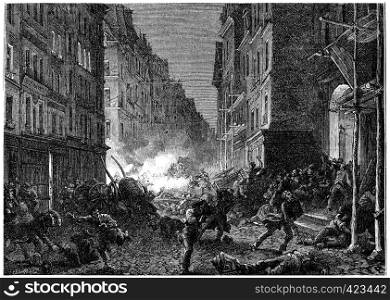 Shootouts in the Rue Saint-Denis, vintage engraved illustration. History of France ? 1885.